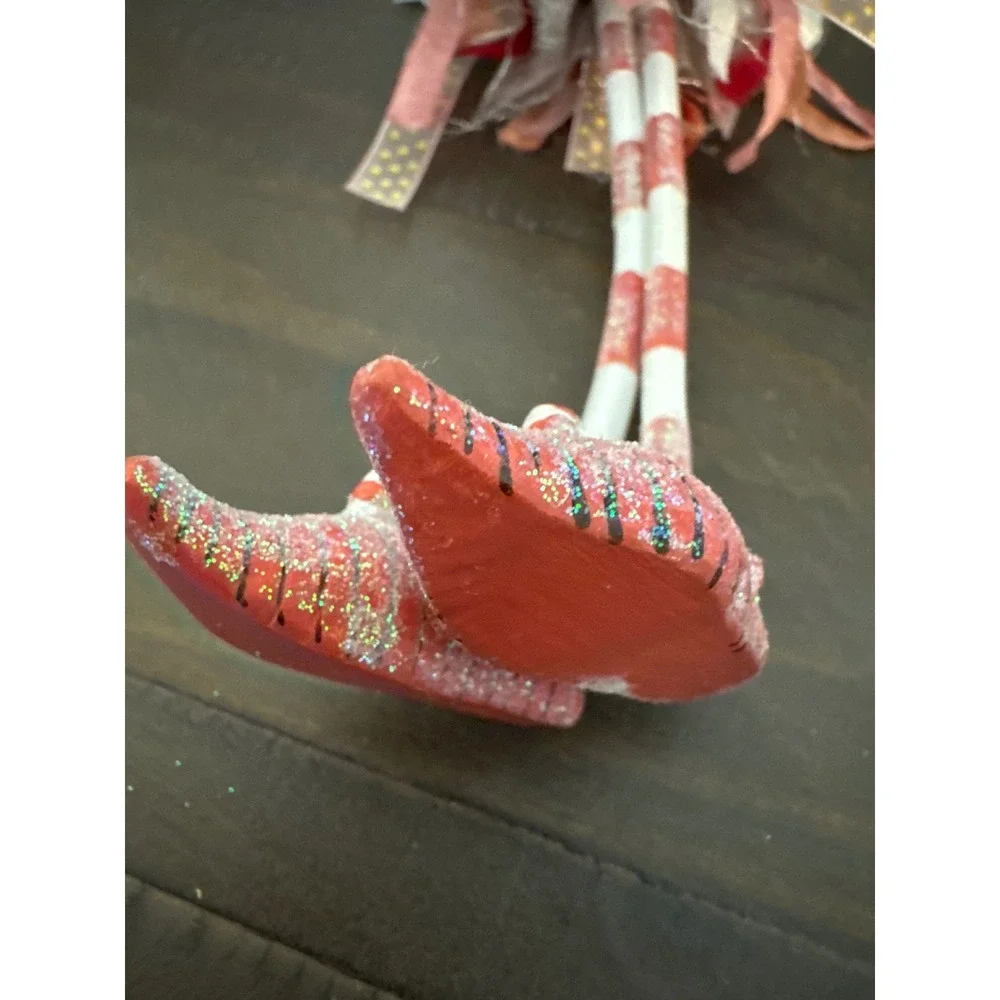 Whimsical Pink Red Fairy Christmas Ornament Striped Legs Glitter 9 Inch 212